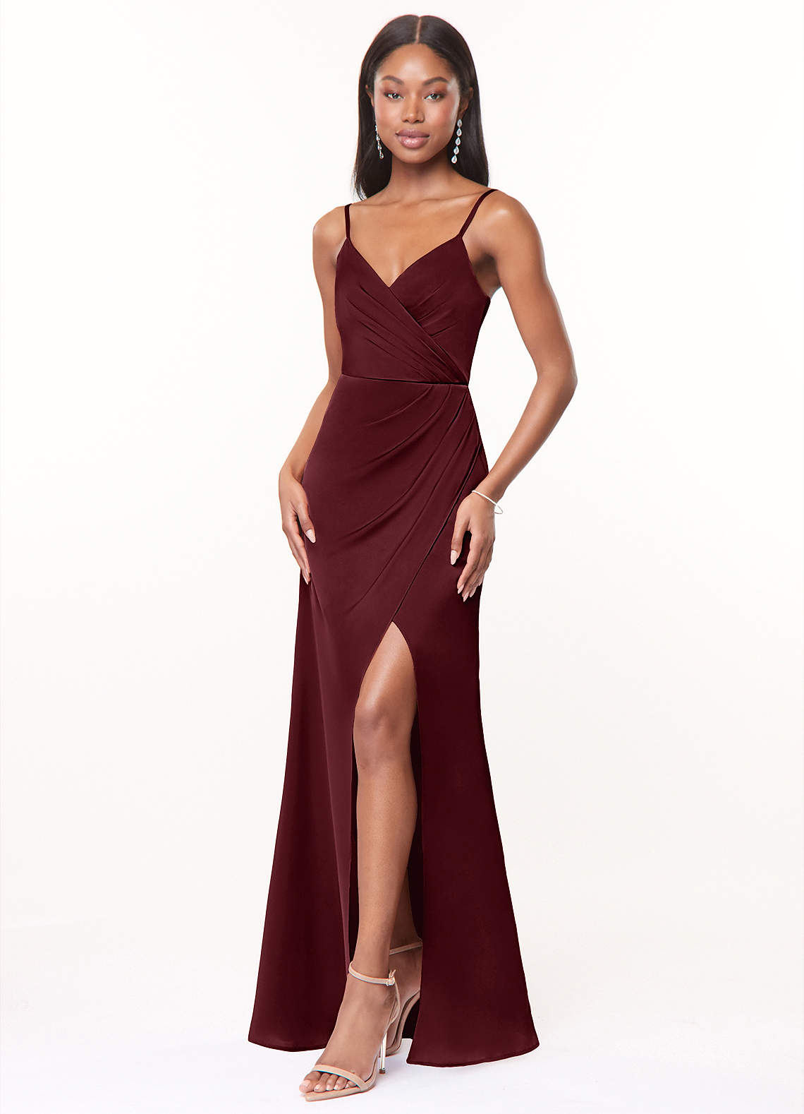 Maci A-Line V-Neck Stretch Satin Bridesmaid Dress in Cabernet