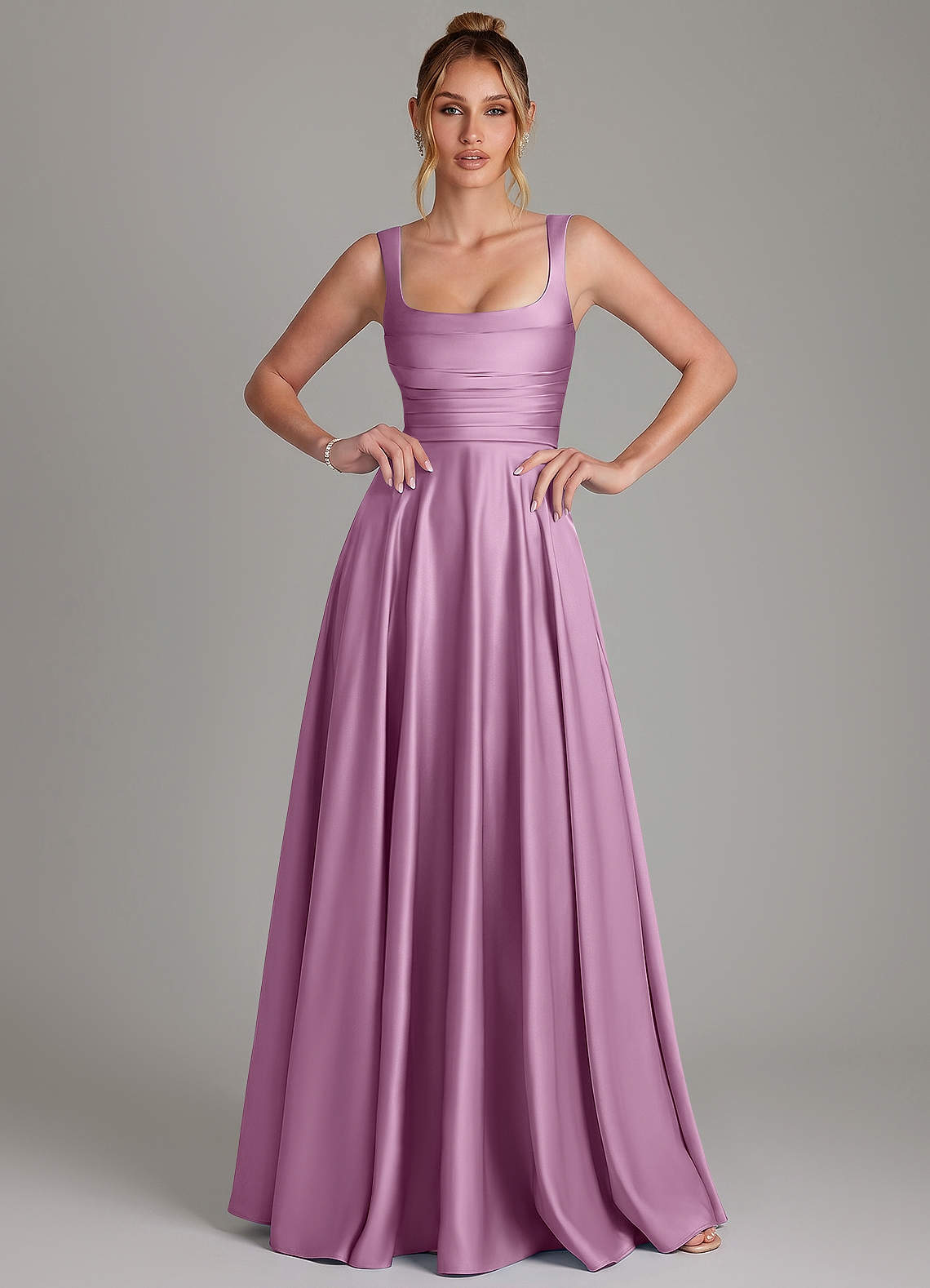 Azaria A-Line Square-Neck Stretch Satin Bridesmaid Dress in Wisteria