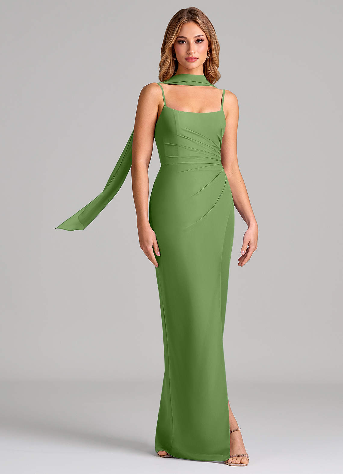 Calandra Sheath Scoop-Neck Chiffon Bridesmaid Dress in Basil