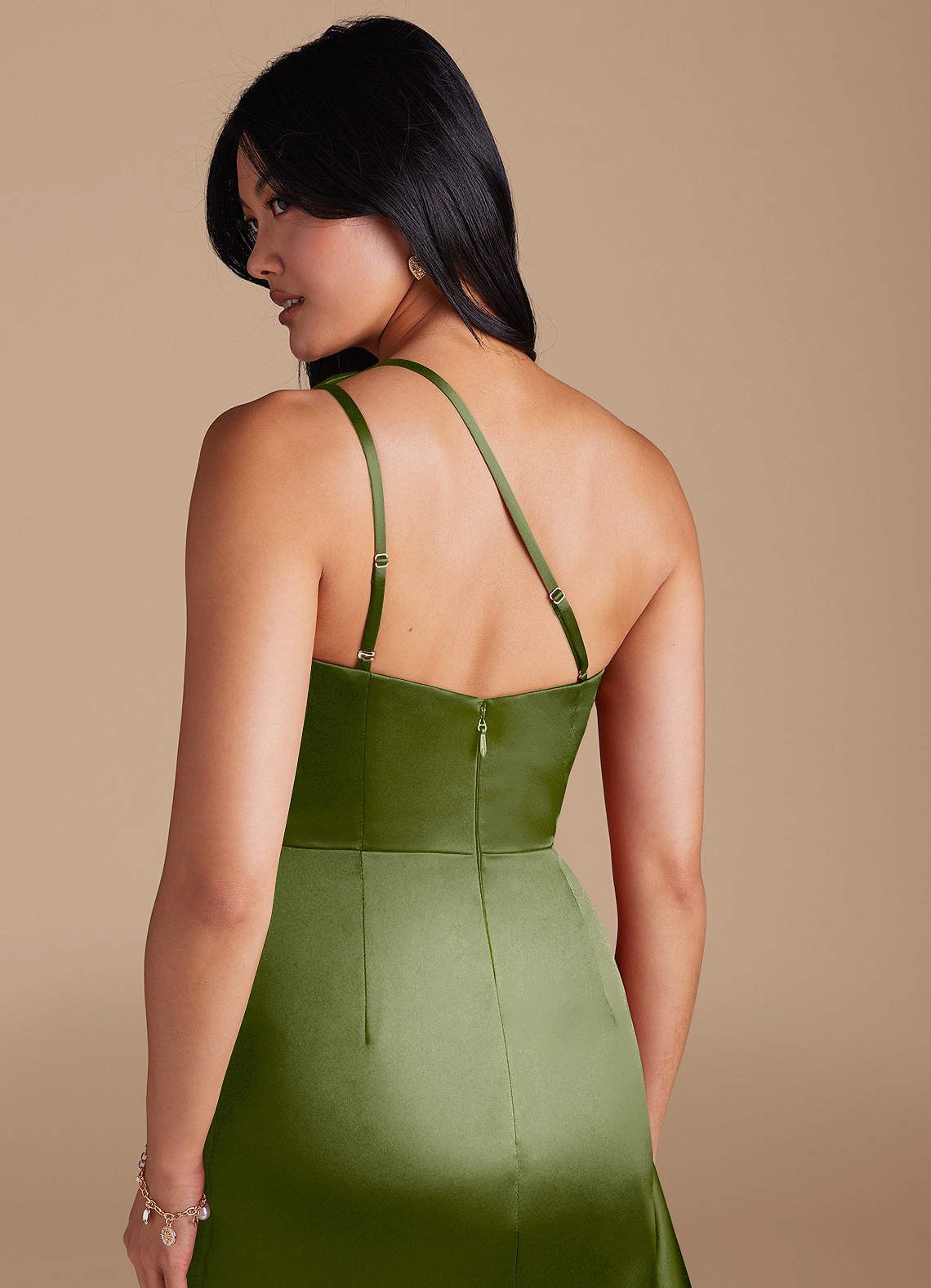 Latrice Sheath One-Shoulder Metallic Satin Bridesmaid Dress in Olive