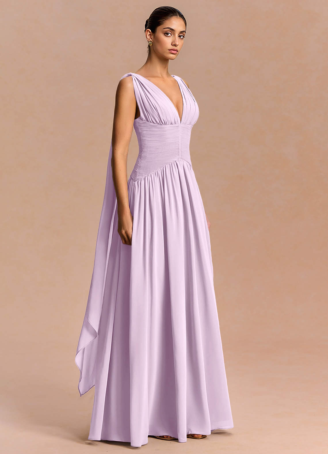 Eluney A-Line V-Neck Chiffon Evening Dress in Frosted Lilac
