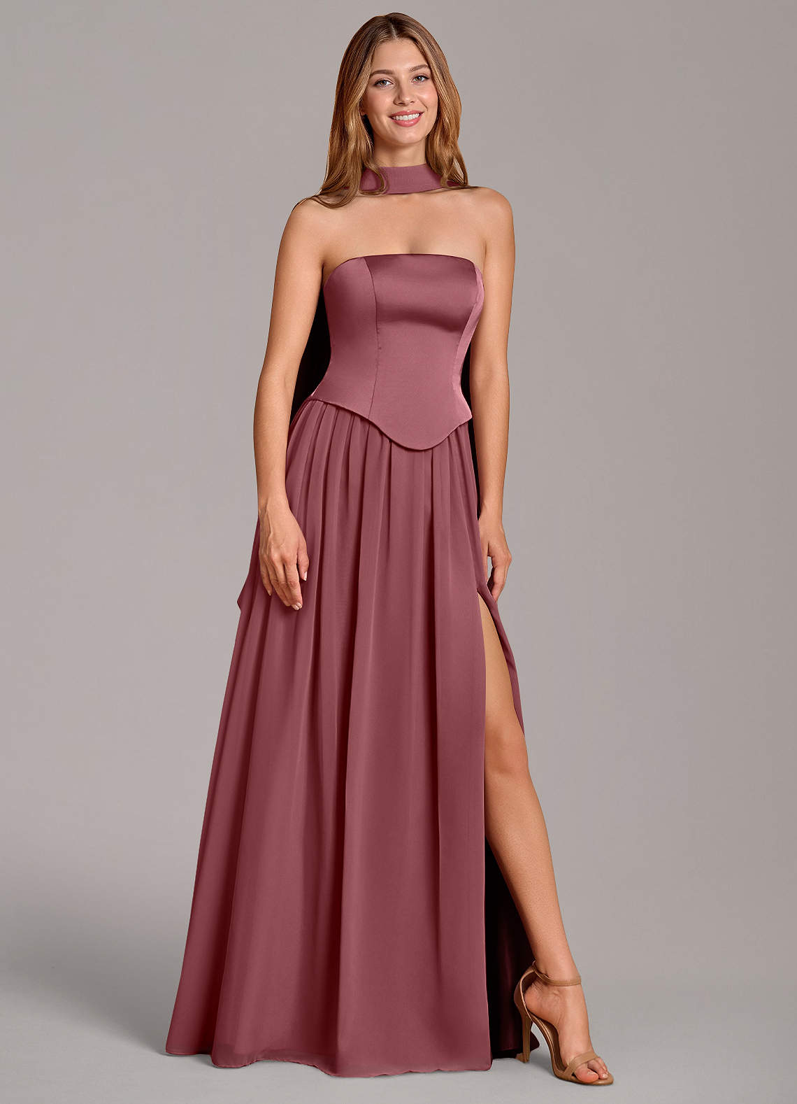 Cadence A-Line Strapless Chiffon and Stretch Satin Bridesmaid Dress in Desert Rose