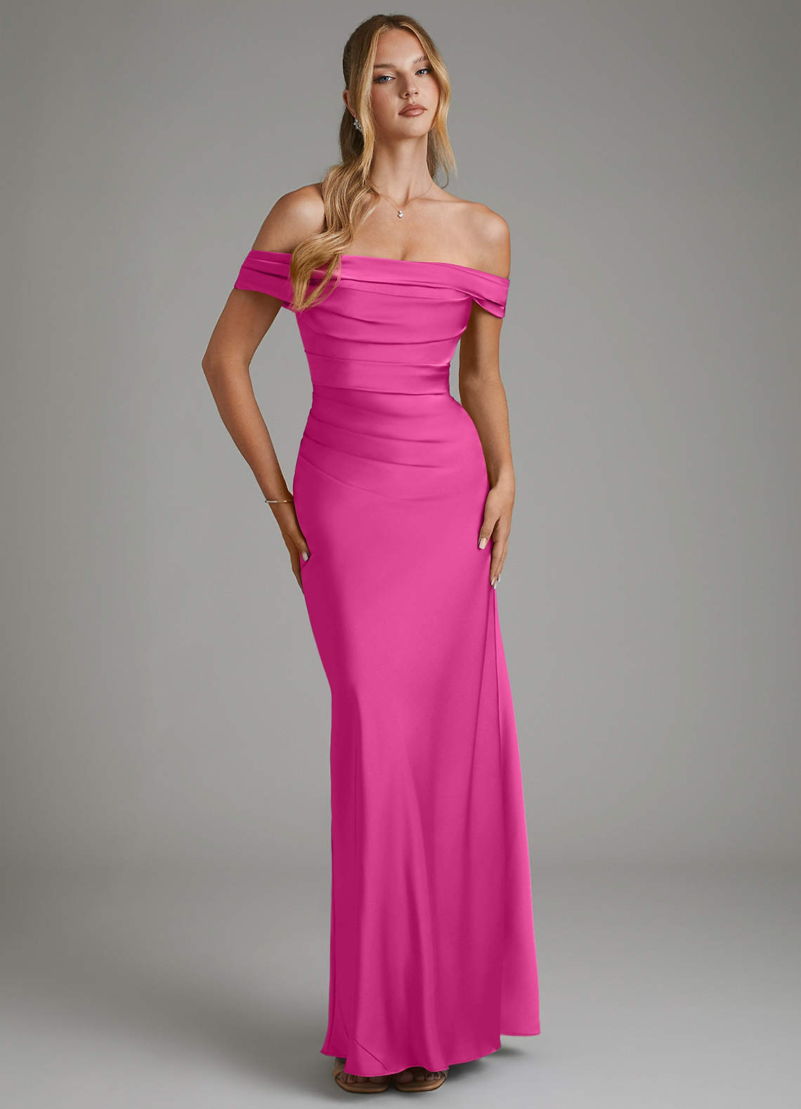 Hayden Mermaid Off-the-Shoulder Stretch Satin Bridesmaid Dress in Fuchsia