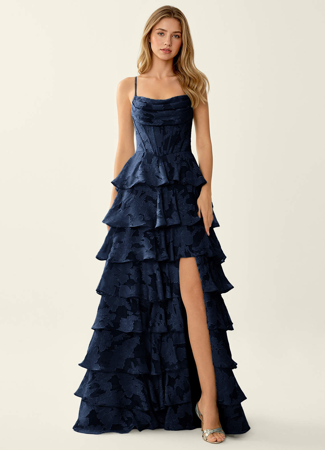 Wrenana A-Line Cowl-Neck Floral Burnout Evening Dress in Dark Green