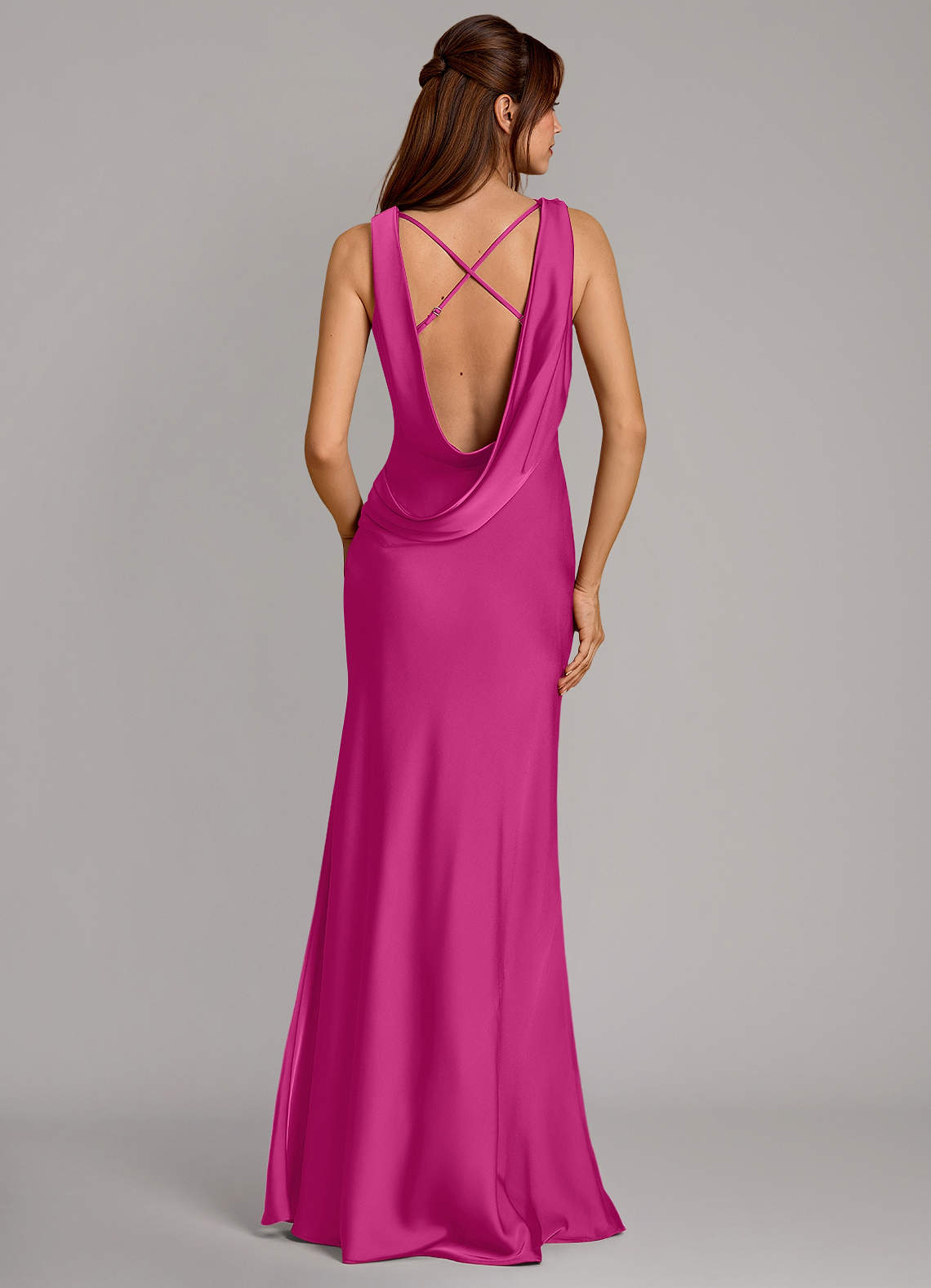 Cheryl Mermaid Cowl-Neck Stretch Satin Bridesmaid Dress in Fuchsia