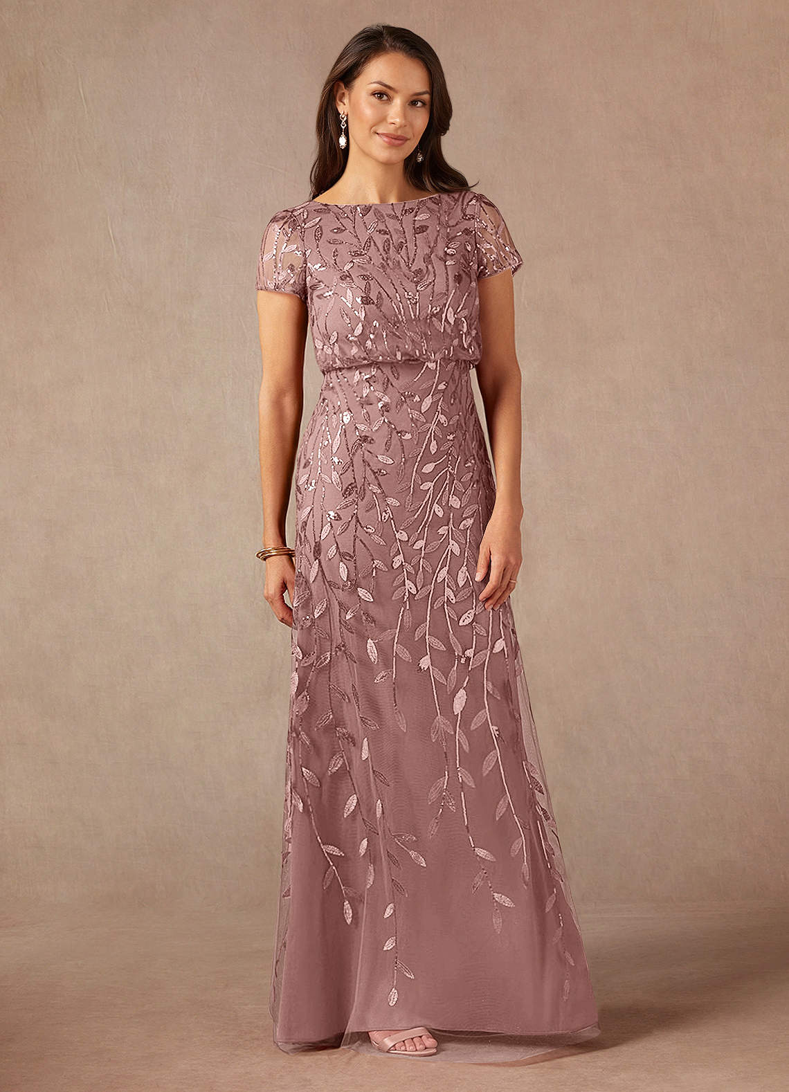 Lehi A-Line Boat-Neck Sequined Tulle Mother of the Bride Dress in Dusty Rose