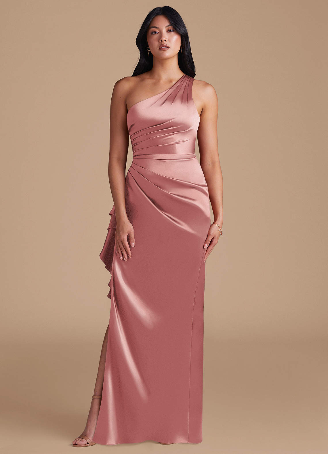 Latrice Sheath One-Shoulder Metallic Satin Bridesmaid Dress in dusty rose