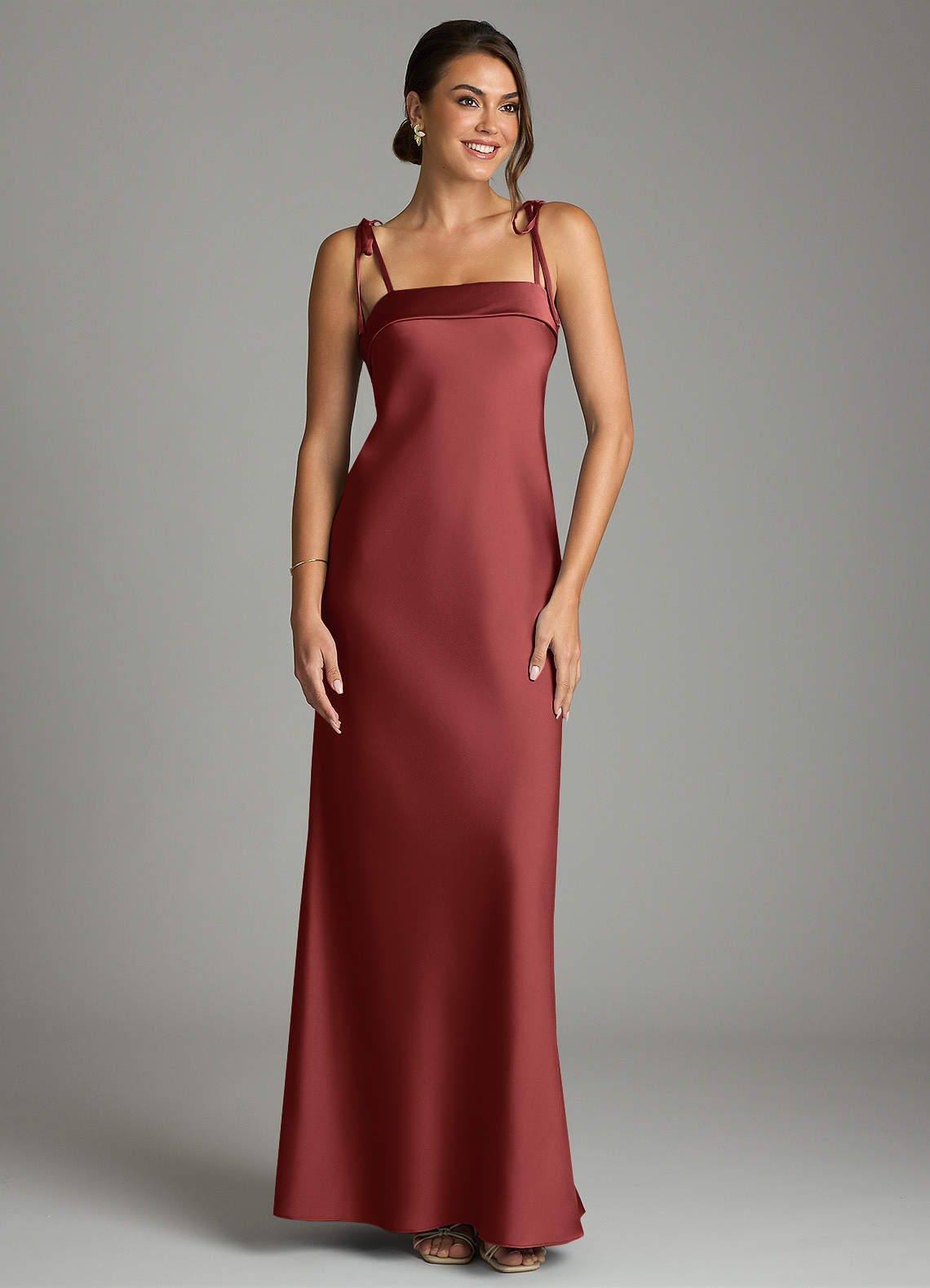 Ellia Sheath Straight-Neck Stretch Satin Bridesmaid Dress in Terracotta