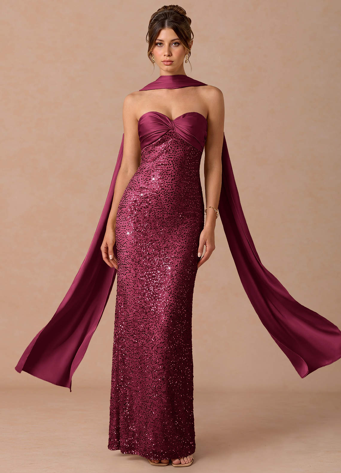 Serelle A-Line Sweetheart Sequin Satin Evening Dress in Gold Champagne