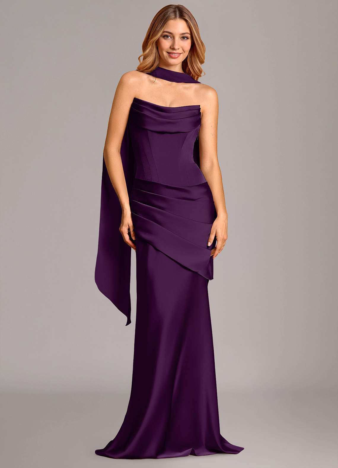 Pelagia Mermaid Cowl-Neck Stretch Satin Bridesmaid Dress in Grape