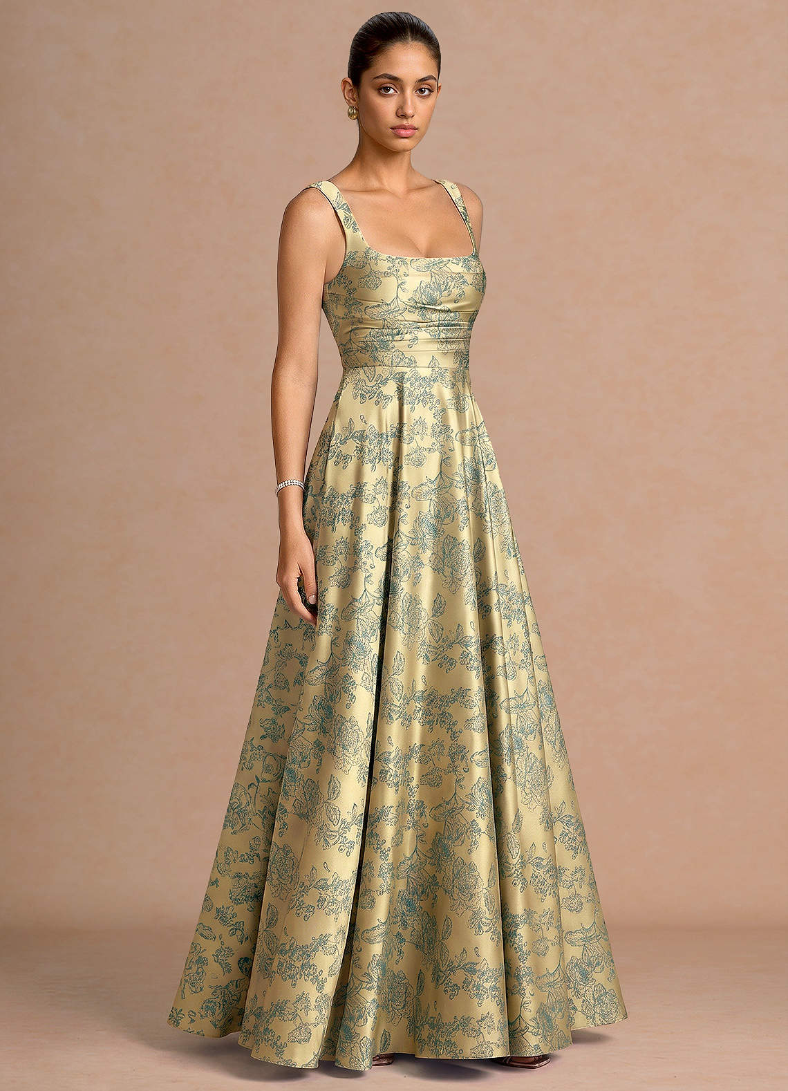 Azaria A-Line Square-Neck Jacquard Evening Dress in Green Brown