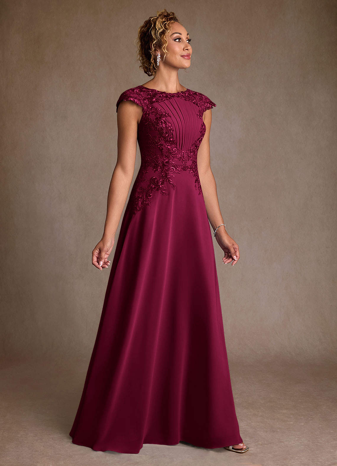 Christi A-Line Scoop-Neck Chiffon and Lace Mother of the Bride Dress in Burgundy