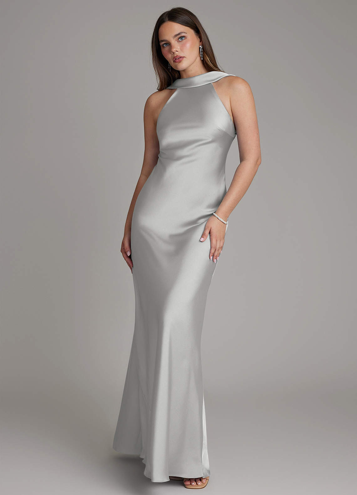 Dimitra Sheath Halter Stretch Satin Bridesmaid Dress in Silver