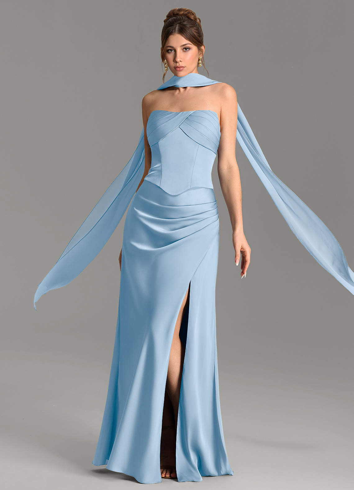 Nicki Sheath Scoop-Neck Stretch Satin Bridesmaid Dress in Powder Blue