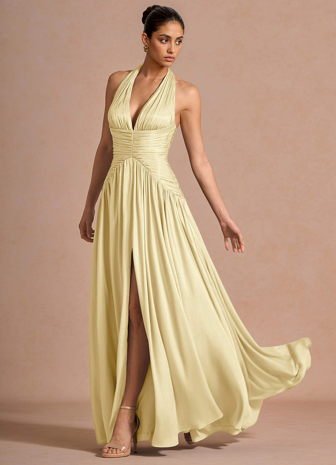 Hecate A-Line Halter Satin-Faced Chiffon Evening Dress in Lemon Sorbet