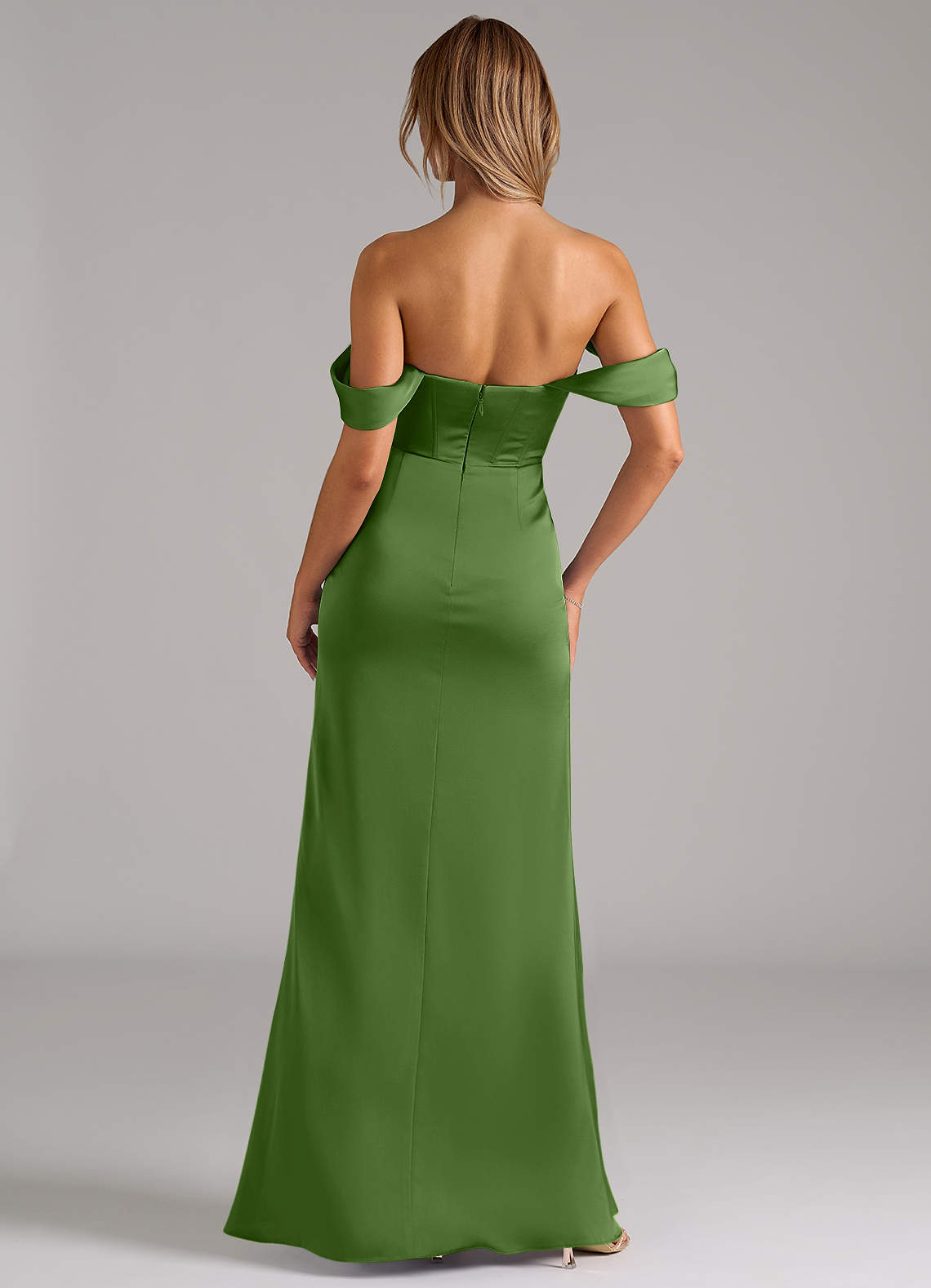 Johana Mermaid Off-the-Shoulder Stretch Satin Bridesmaid Dress in Basil