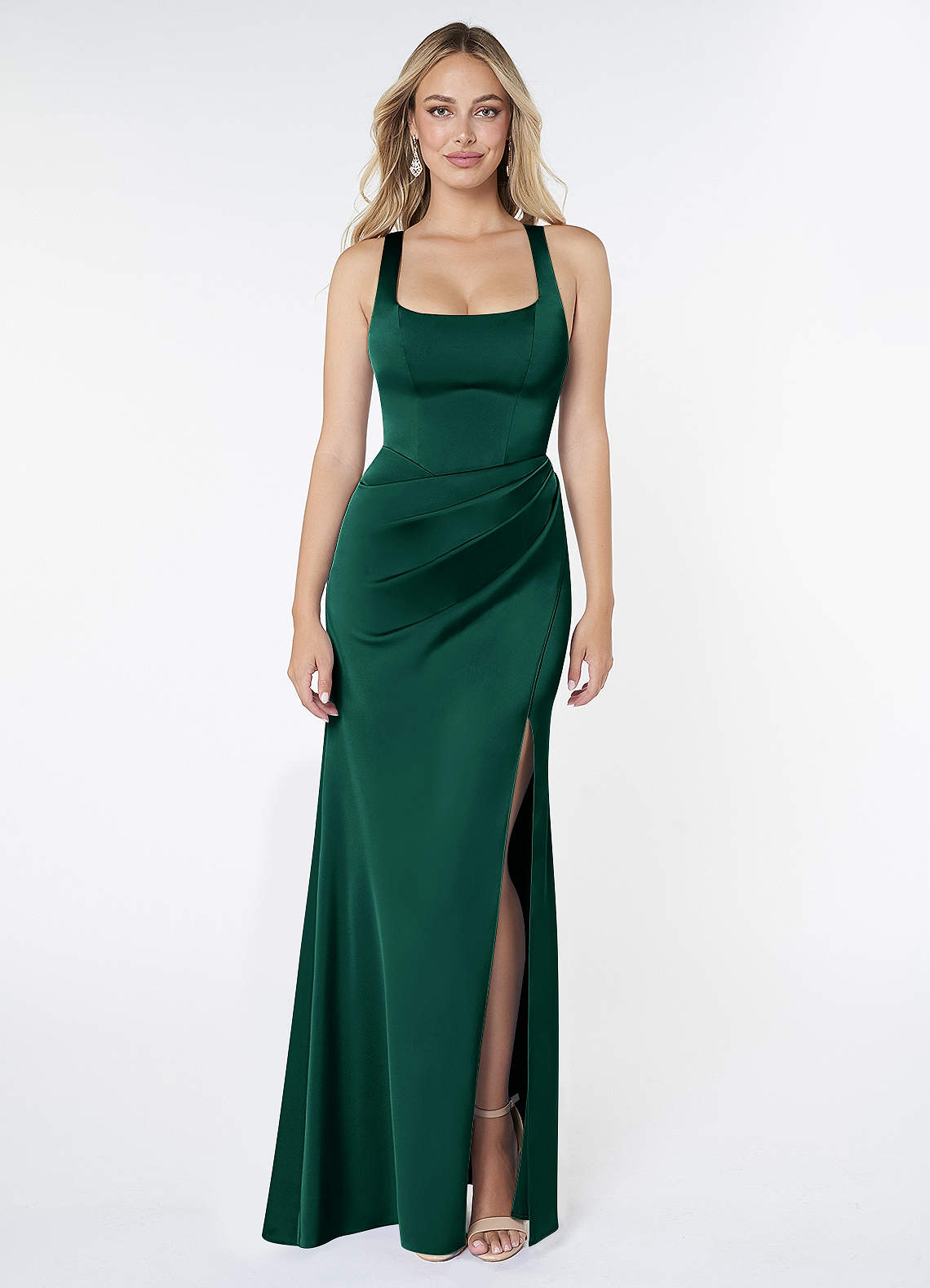 Mero Mermaid Square-Neck Stretch Satin Bridesmaid Dress in Emerald