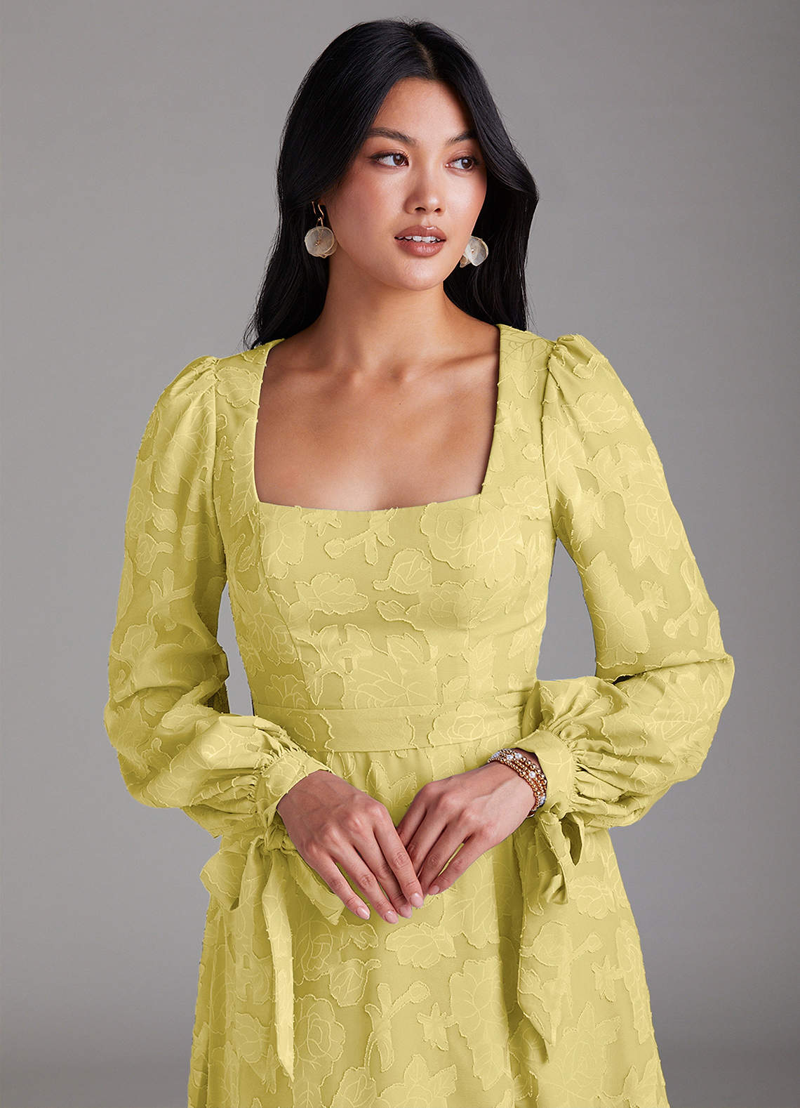 Leonia A-Line Square-Neck Stretch Satin Bridesmaid Dress in Canary