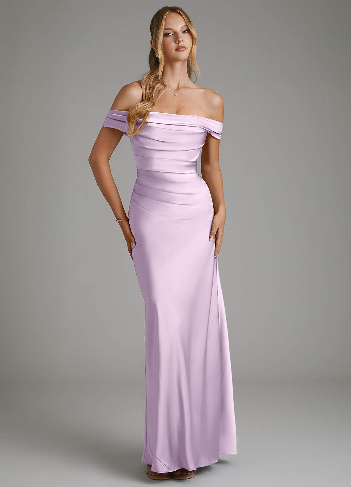 Hayden Mermaid Off-the-Shoulder Stretch Satin Bridesmaid Dress in Frosted Lilac