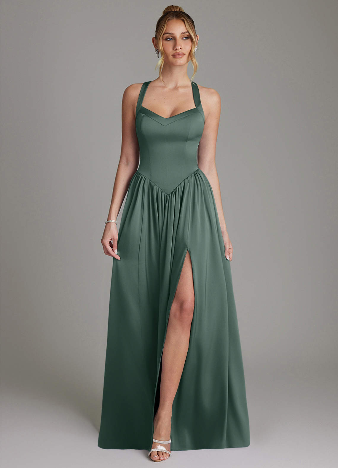 Francis A-Line V-Neck Stretch Satin Bridesmaid Dress in Sea Moss