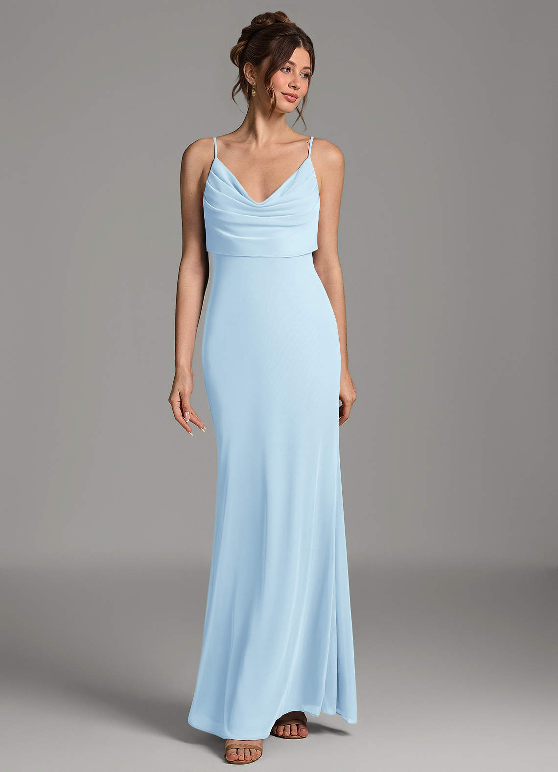 Zari Mermaid Cowl-Neck Mesh Bridesmaid Dress in Sky Blue