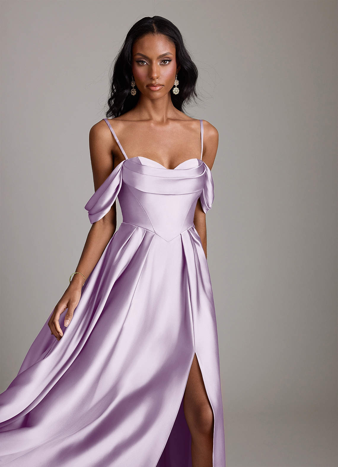 Loisa A-Line Off-the-Shoulder Stretch Satin Bridesmaid Dress in Frosted Lilac
