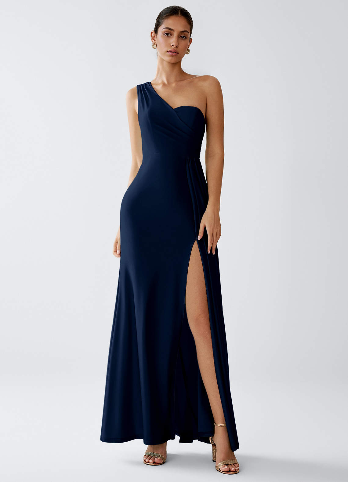 Celira Sheath One-Shoulder Glossy Knit Evening Dress in Dark Navy