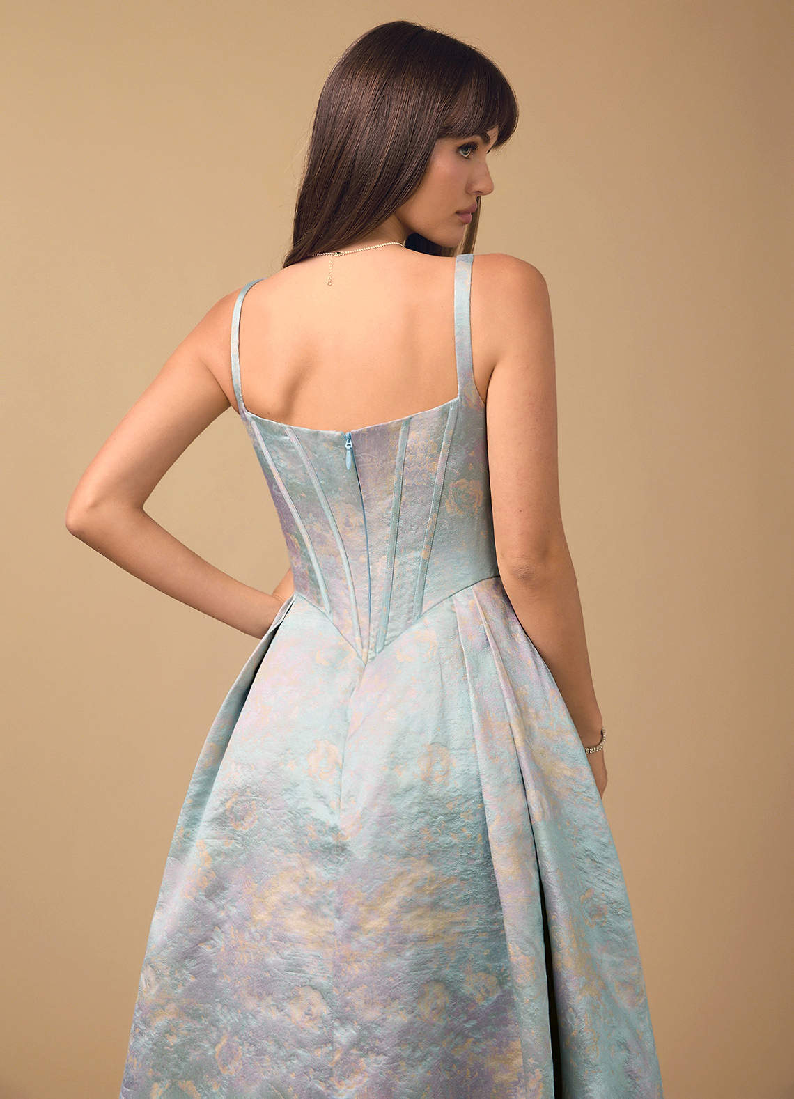 Bryn A-Line Straight-Neck Brocade Evening Dress in Powder Sky