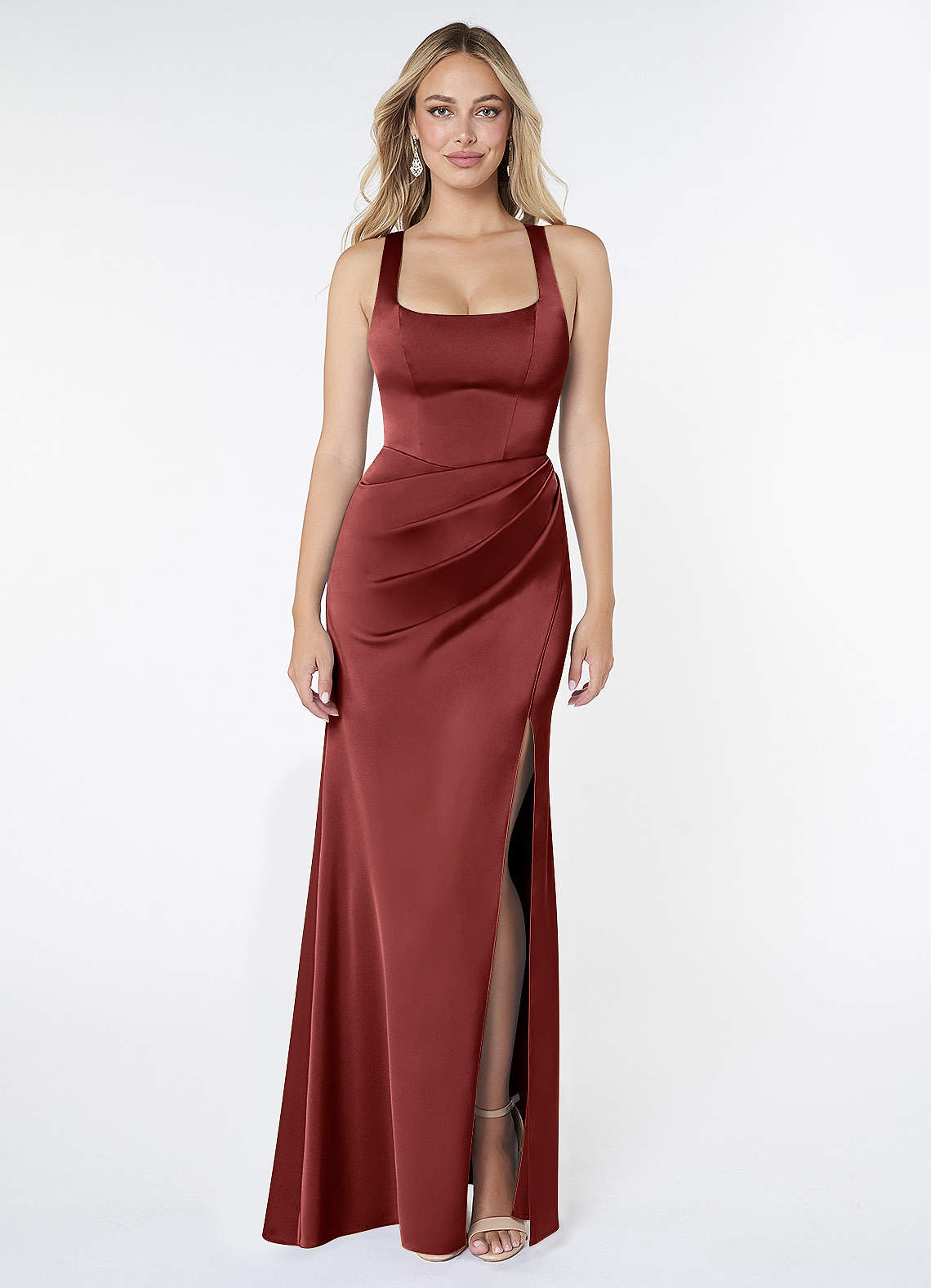 Mero Mermaid Square-Neck Stretch Satin Bridesmaid Dress in Terracotta