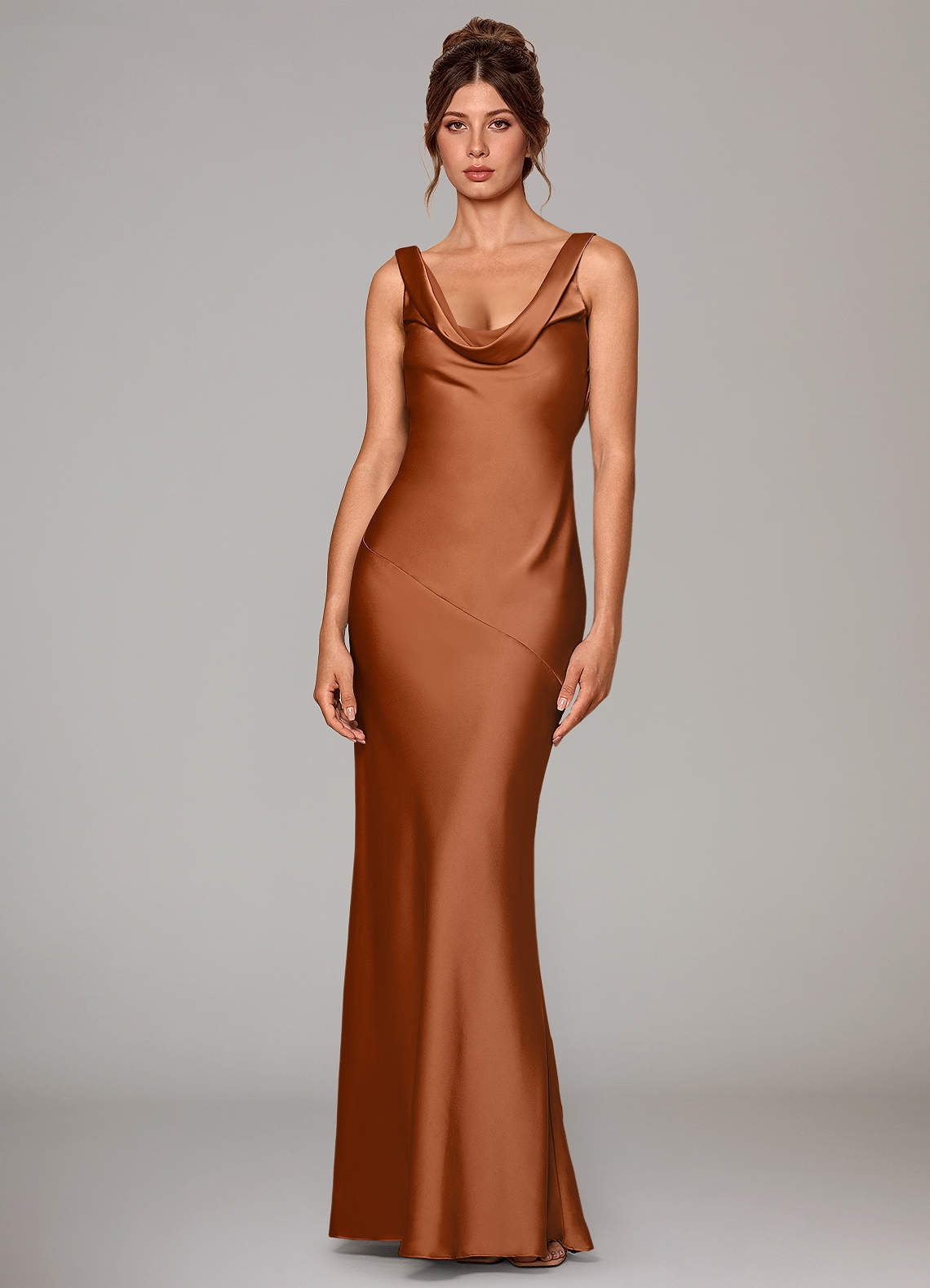 Rylina Mermaid Cowl-Neck Stretch Satin Bridesmaid Dress in Copper