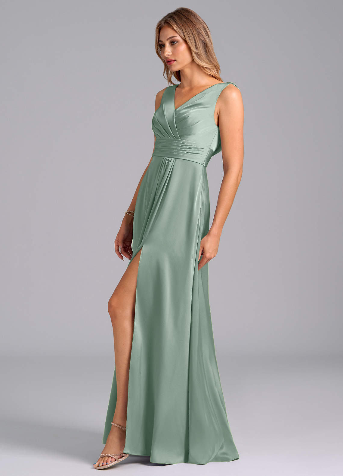 Karina A-Line V-Neck Stretch Satin Bridesmaid Dress in Agave
