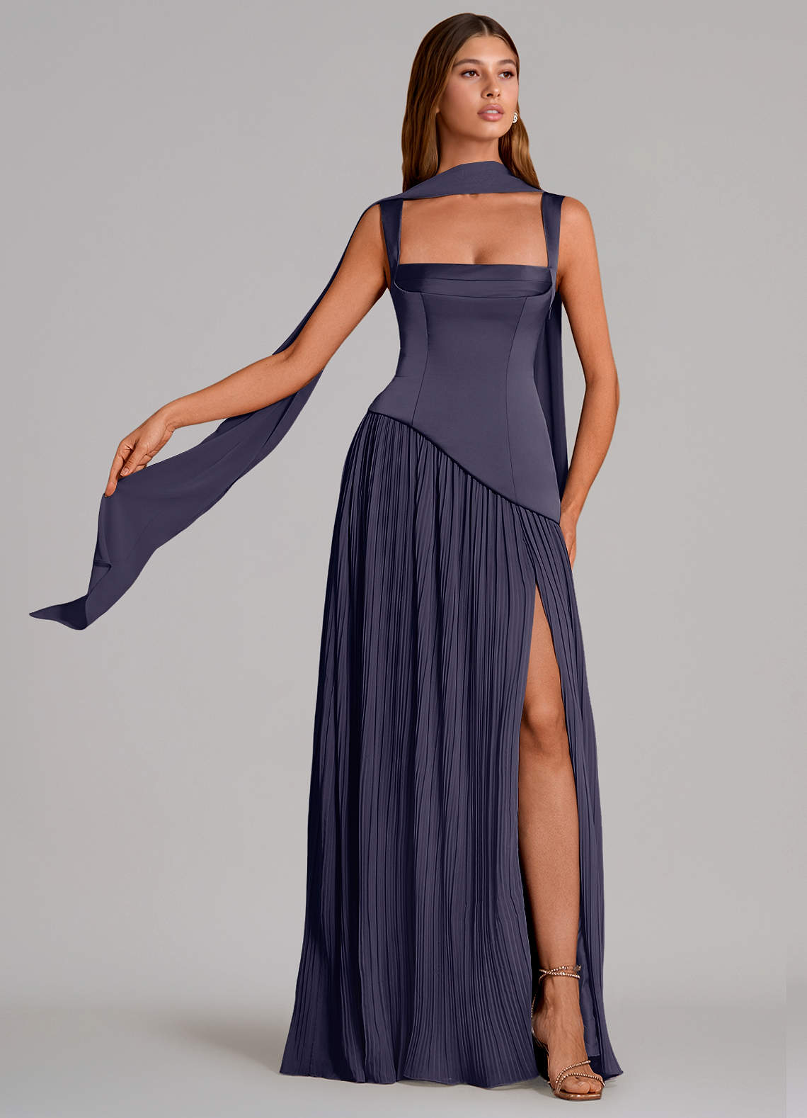 Stephanie A-Line Square-Neck Stretch Satin and Chiffon Bridesmaid Dress in Stormy