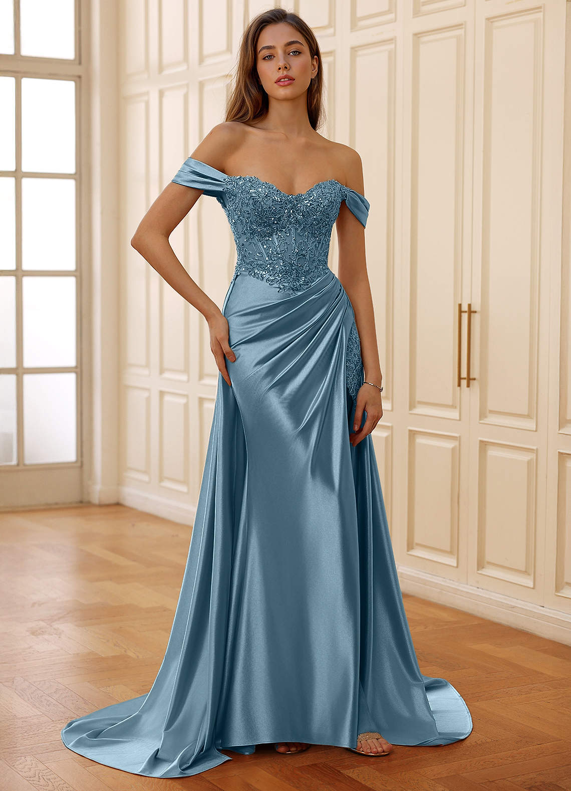 Rowane A-Line Off-the-Shoulder Satin Evening Dress in Plum