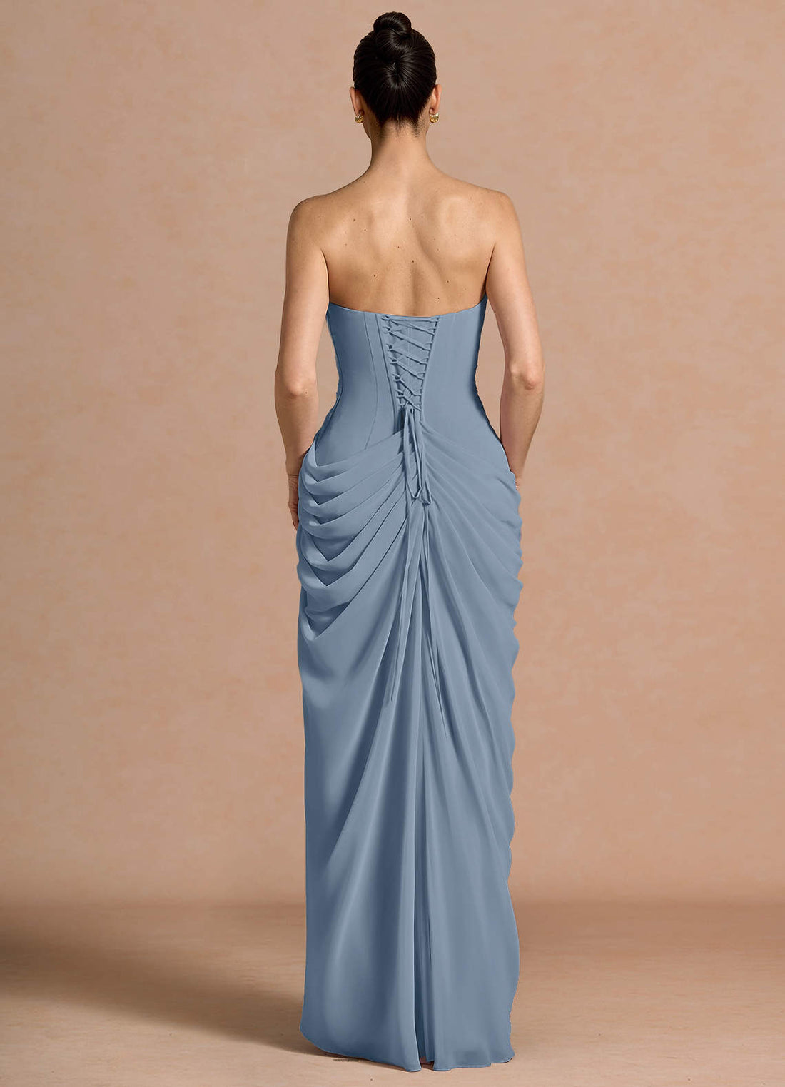 Kaavia Column Pleated Chiffon Maxi Evening Dress in Dusty Blue