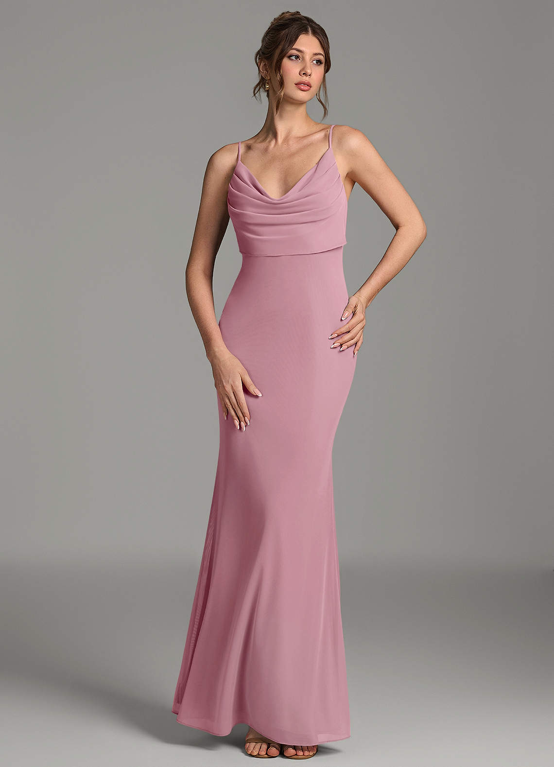 Zari Mermaid Cowl-Neck Mesh Bridesmaid Dress in Vintage Mauve