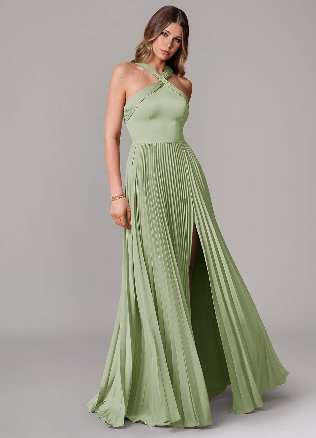 Afra A-Line Halter-Neck Stretch Satin Bridesmaid Dress in Emerald