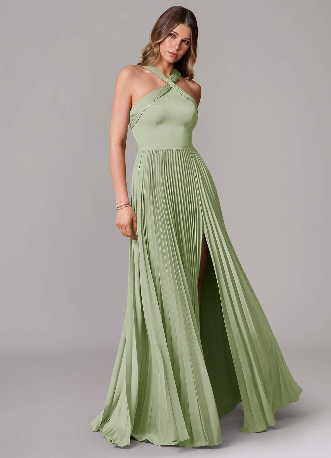 Afra A-Line Halter-Neck Stretch Satin Bridesmaid Dress in Dusty Sage