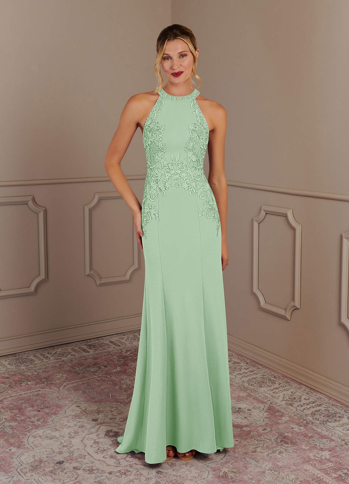 Tyra Mermaid Halter Tulle and Stretch Crepe Mother of the Bride Dress in Dusty Sage