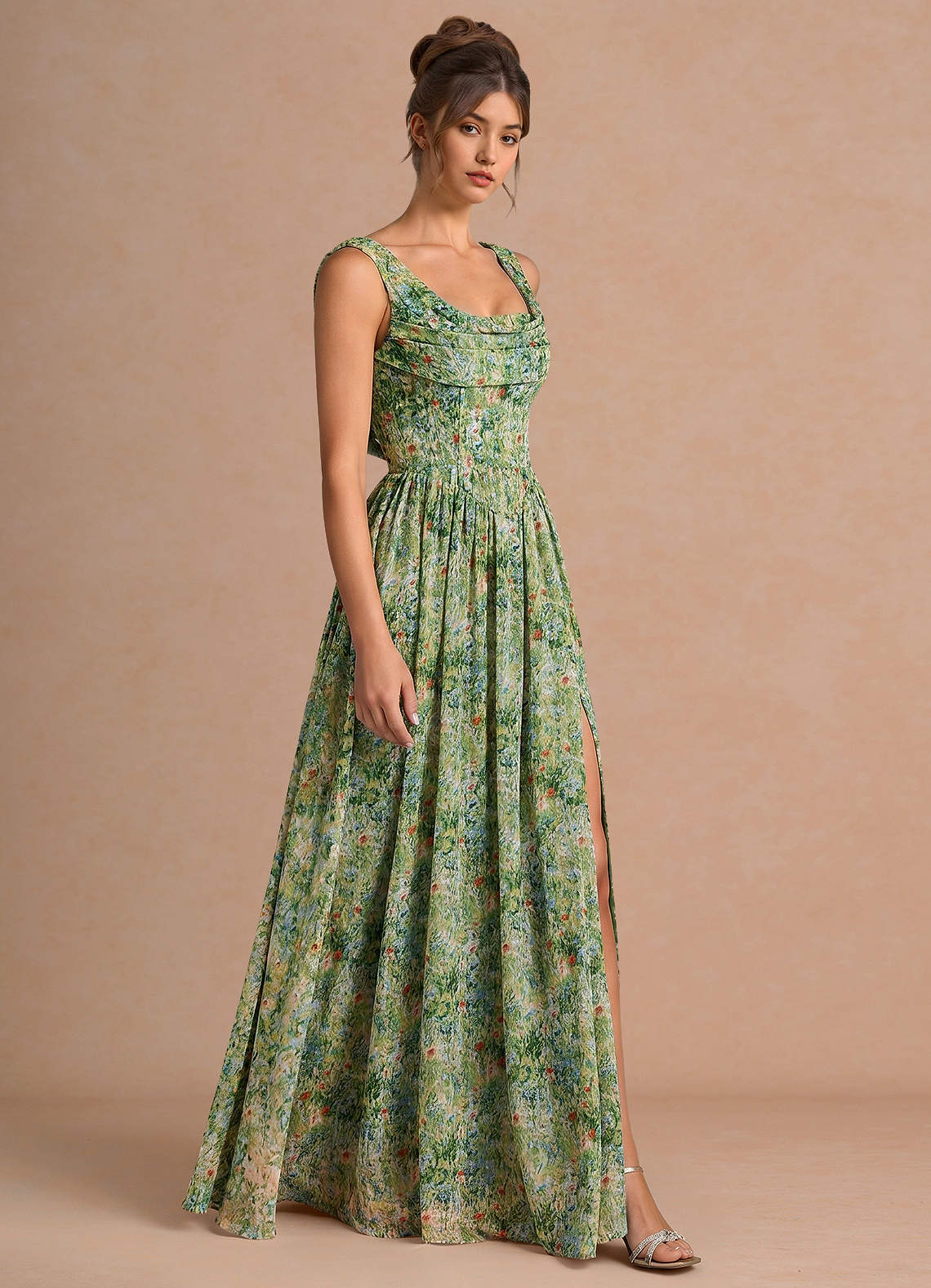 Aurore A-Line Cowl-Neck Chiffon Wedding Guest Dress in Green Floral
