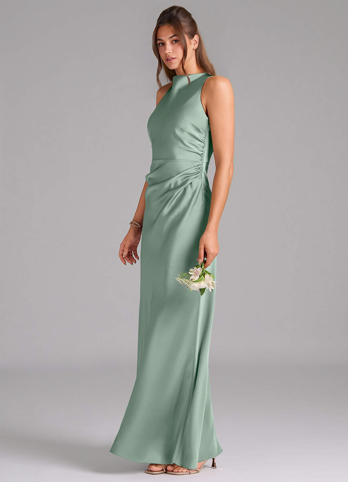 Evadne Sheath Scoop-Neck Stretch Satin Bridesmaid Dress in Agave