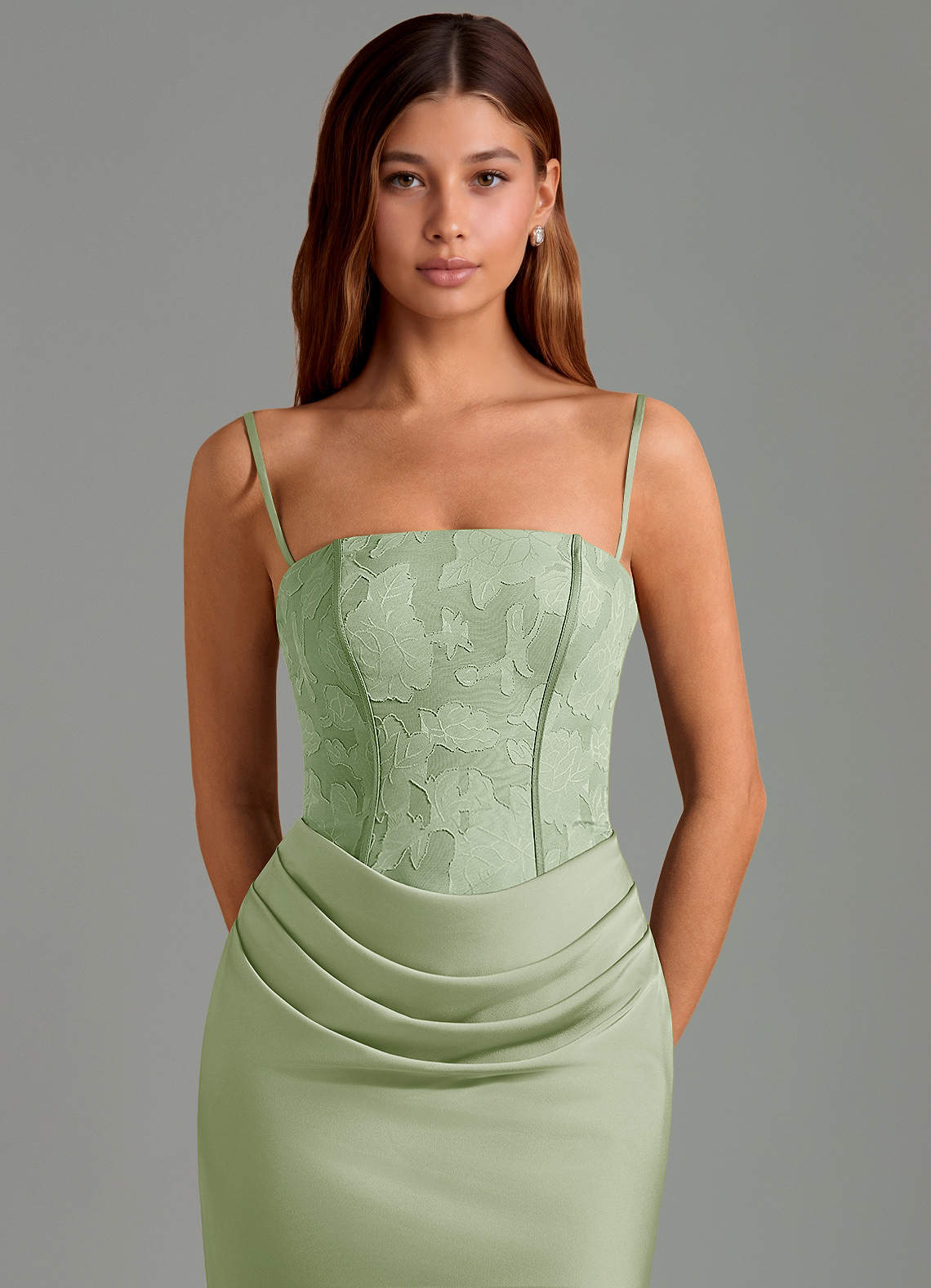 Emilia Mermaid Strapless Stretch Satin and Floral Burnout Bridesmaid Dress
