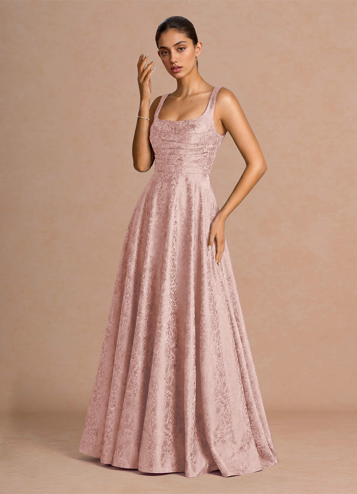 Elowena A-Line Square-Neck Satin Jacquard Evening Dress in Sky Blue
