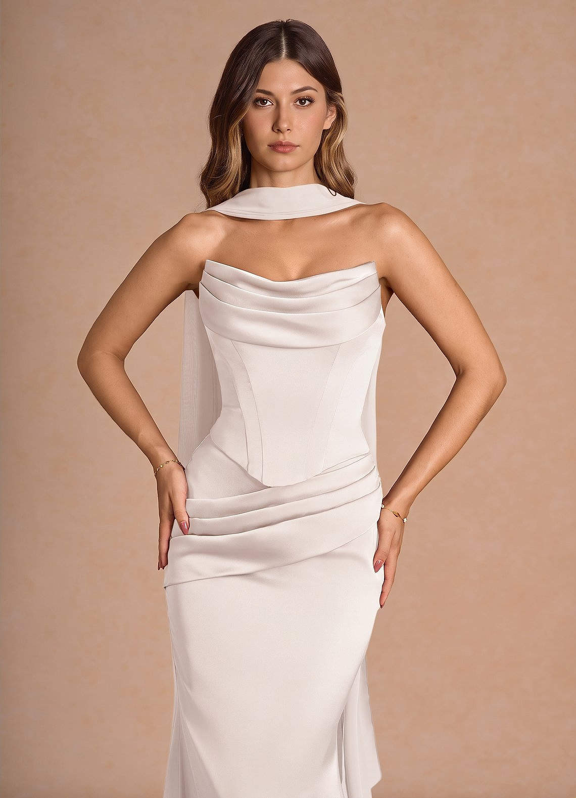 Sorrel Mermaid Corset Stretch Satin Evening Set in Cream