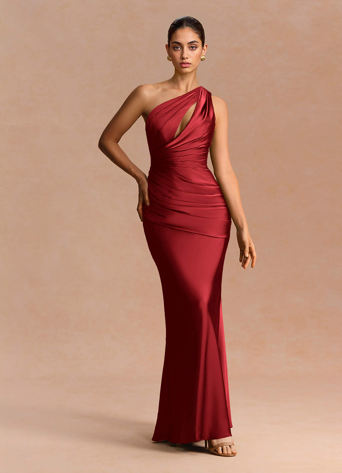 Guinevere One-Shoulder Cutout Stretch Satin Evening Dress in Cherry Red