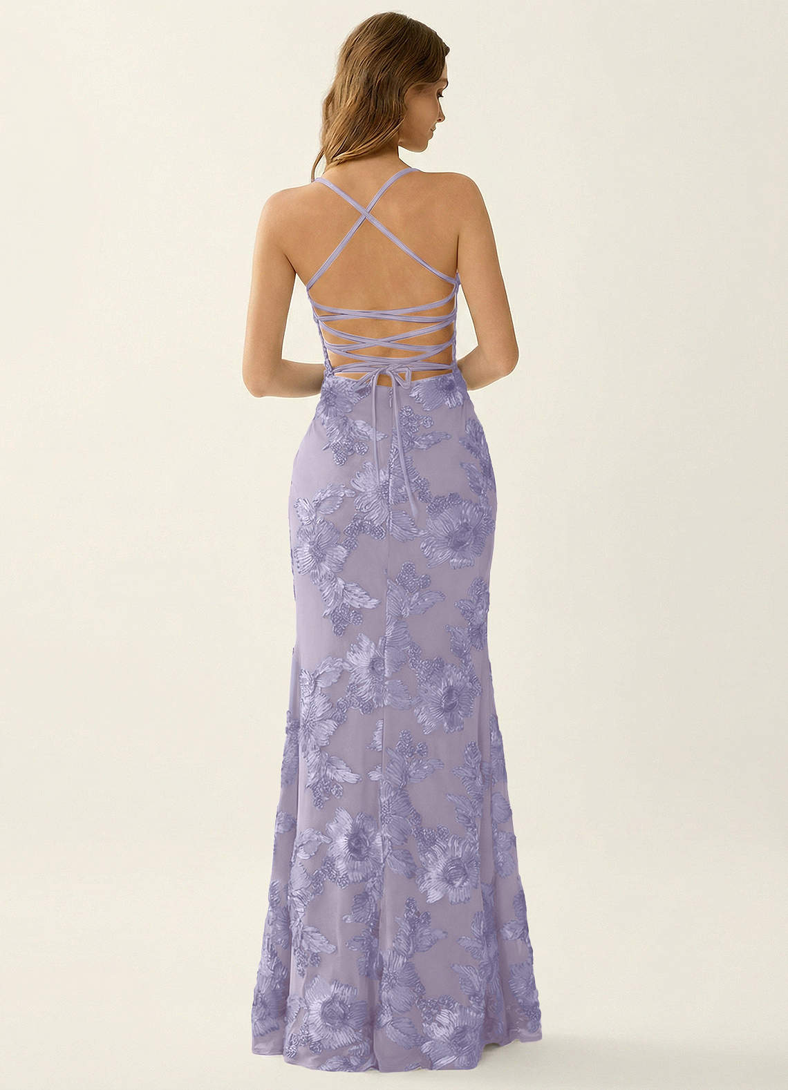 Kailani Mermaid Spaghetti-Strap Lace Evening Dress in Pale Purple