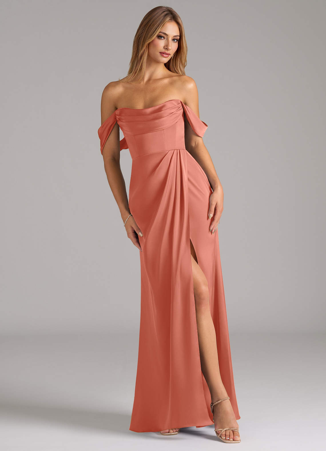 Johana Mermaid Off-the-Shoulder Stretch Satin Bridesmaid Dress in Salmon Pink