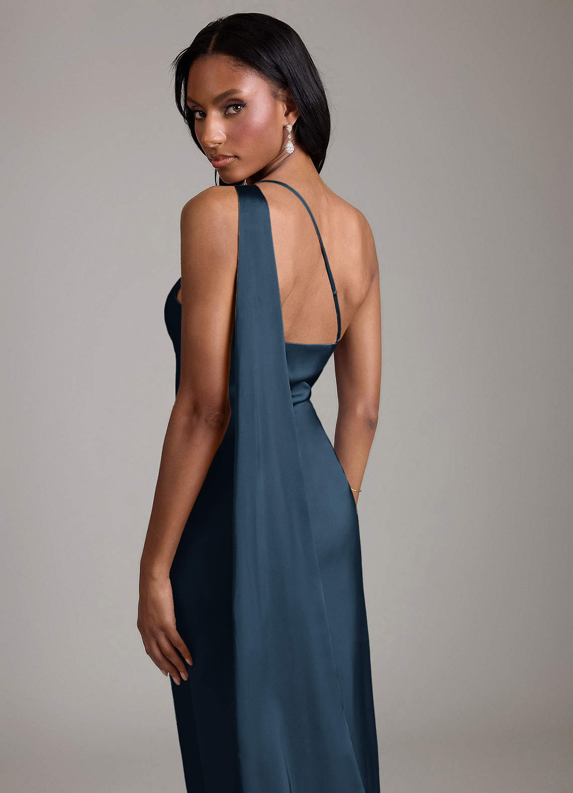 Juniper Mermaid One-Shoulder Stretch Satin Bridesmaid Dress in Dark Navy