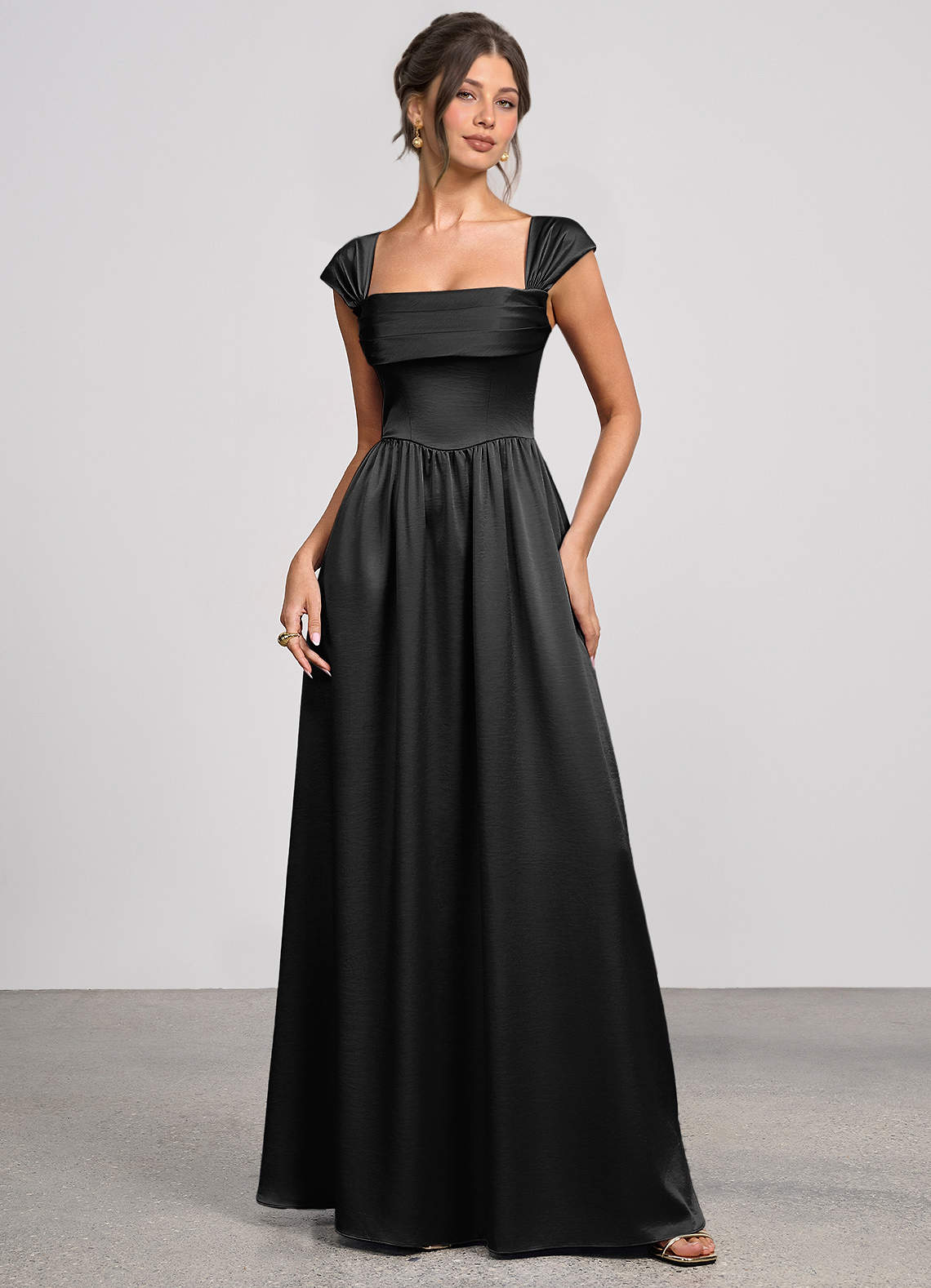 Odette A-Line Corset Luminous Satin Evening Dress in black