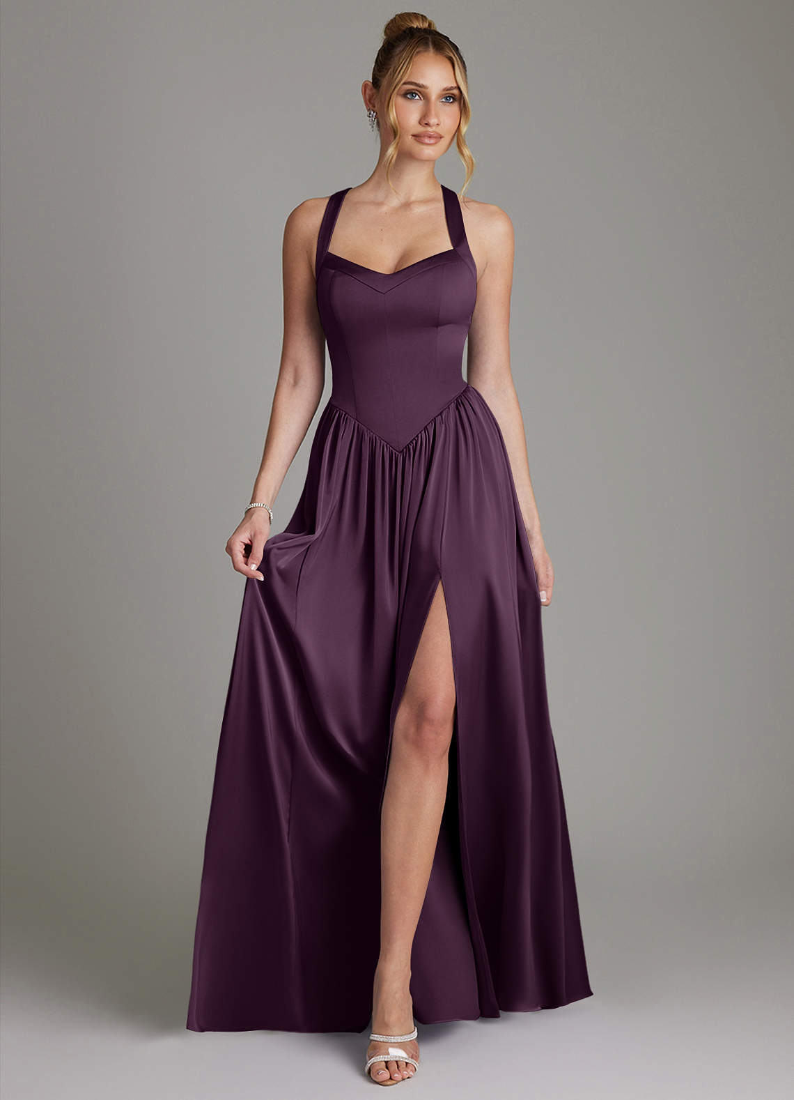 Francis A-Line V-Neck Stretch Satin Bridesmaid Dress in Plum