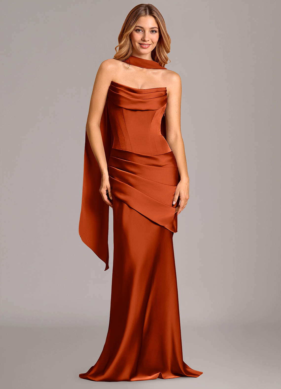 Pelagia Mermaid Cowl-Neck Stretch Satin Bridesmaid Dress in Paprika